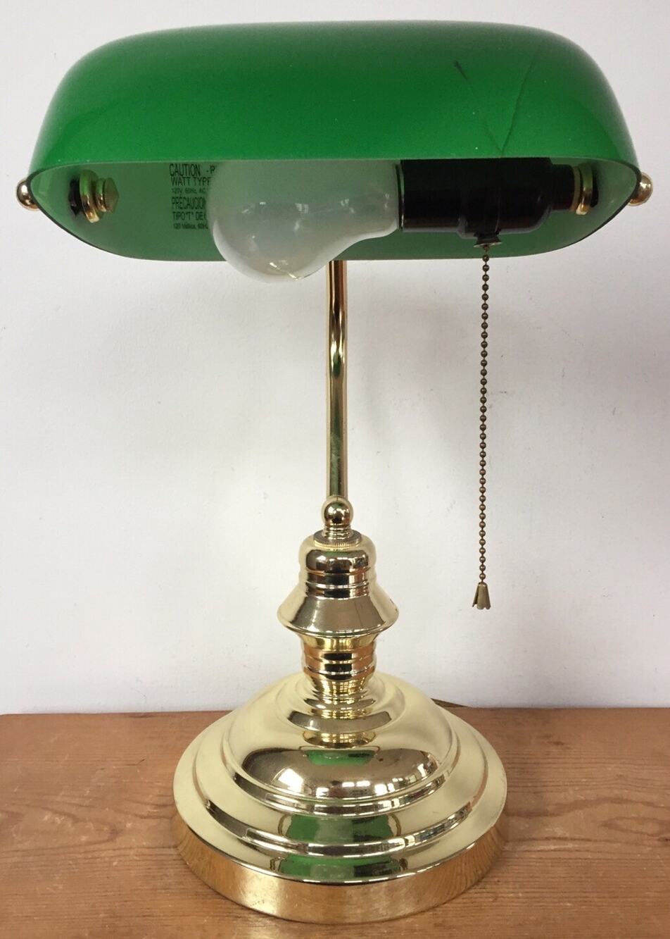 Vtg Style Emerald Green Glass Brass Metal Pull Chain Bankers Desk Lamp Works